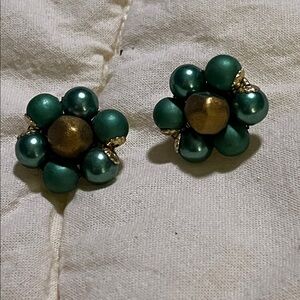 Vintage Elegant Green and Gold Floral Clip On Earrings